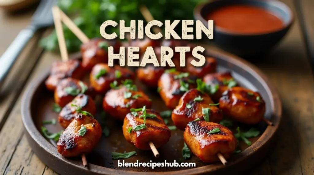 Grilled chicken hearts on skewers garnished with herbs, served on a wooden platter with a dipping sauce.