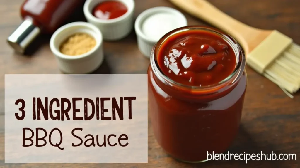 Jar of 3 ingredient BBQ sauce with ingredients like ketchup, brown sugar, and vinegar displayed on a wooden table