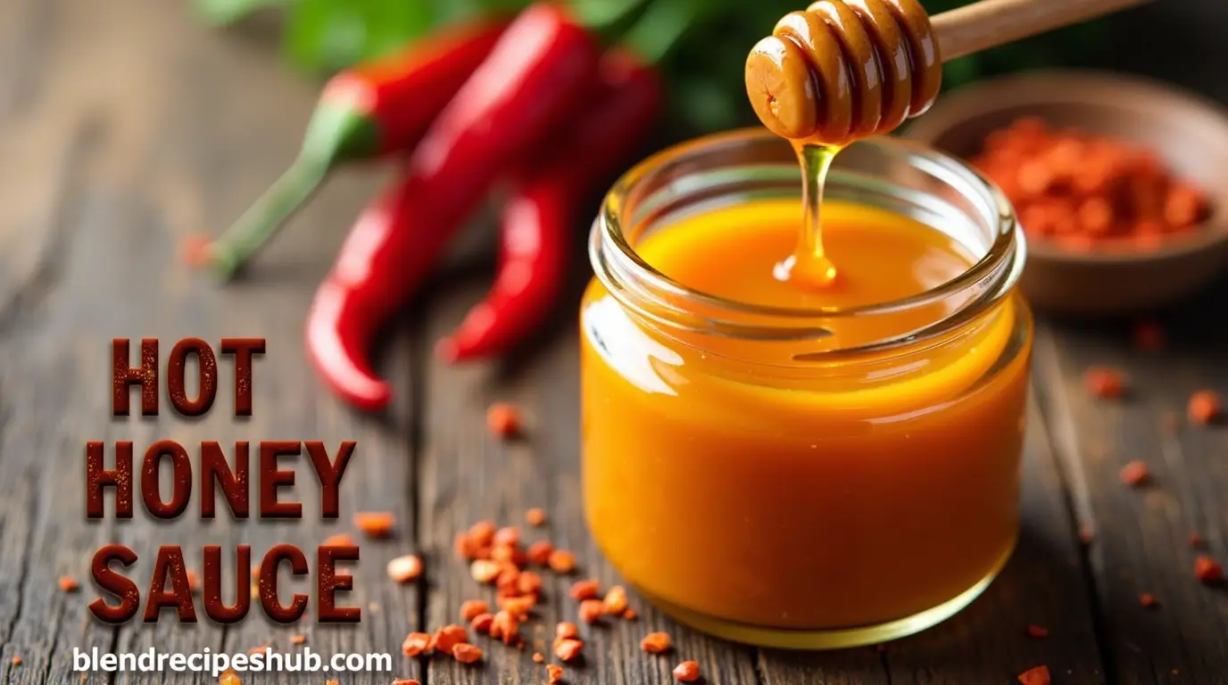 A jar of hot honey sauce with chili flakes, surrounded by fresh chili peppers, honey, and red pepper flakes on a rustic wooden table.