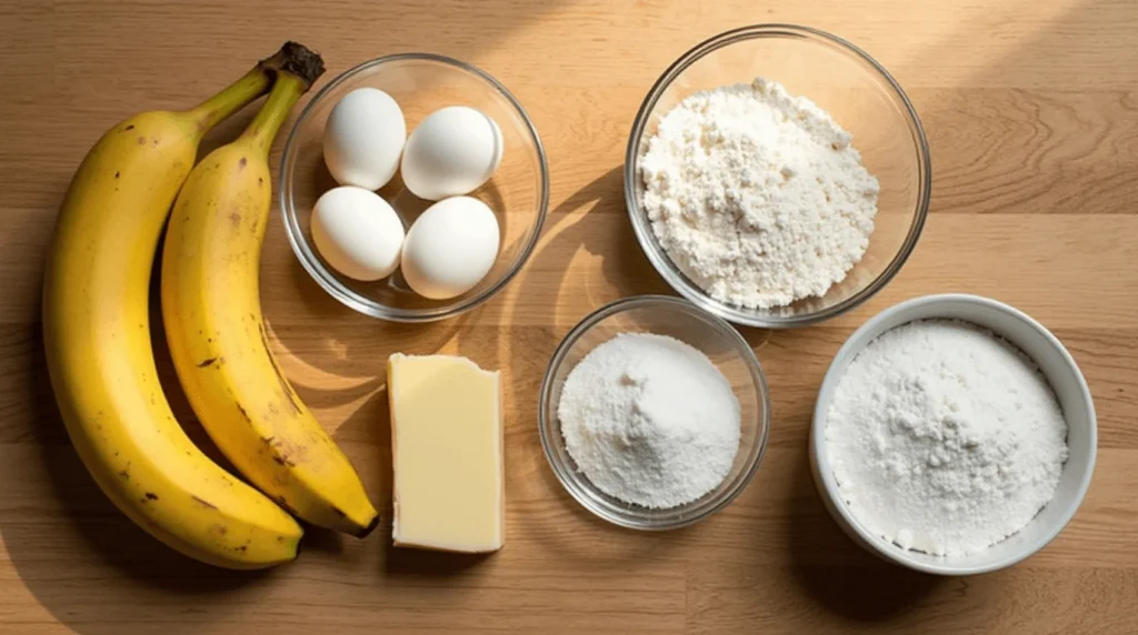 Quick Banana Bread Recipe 2 Bananas for Easy Breakfast 2 Core ingredients for banana bread, including ripe bananas, flour, sugar, eggs, butter, and baking soda, arranged on a wooden kitchen counter