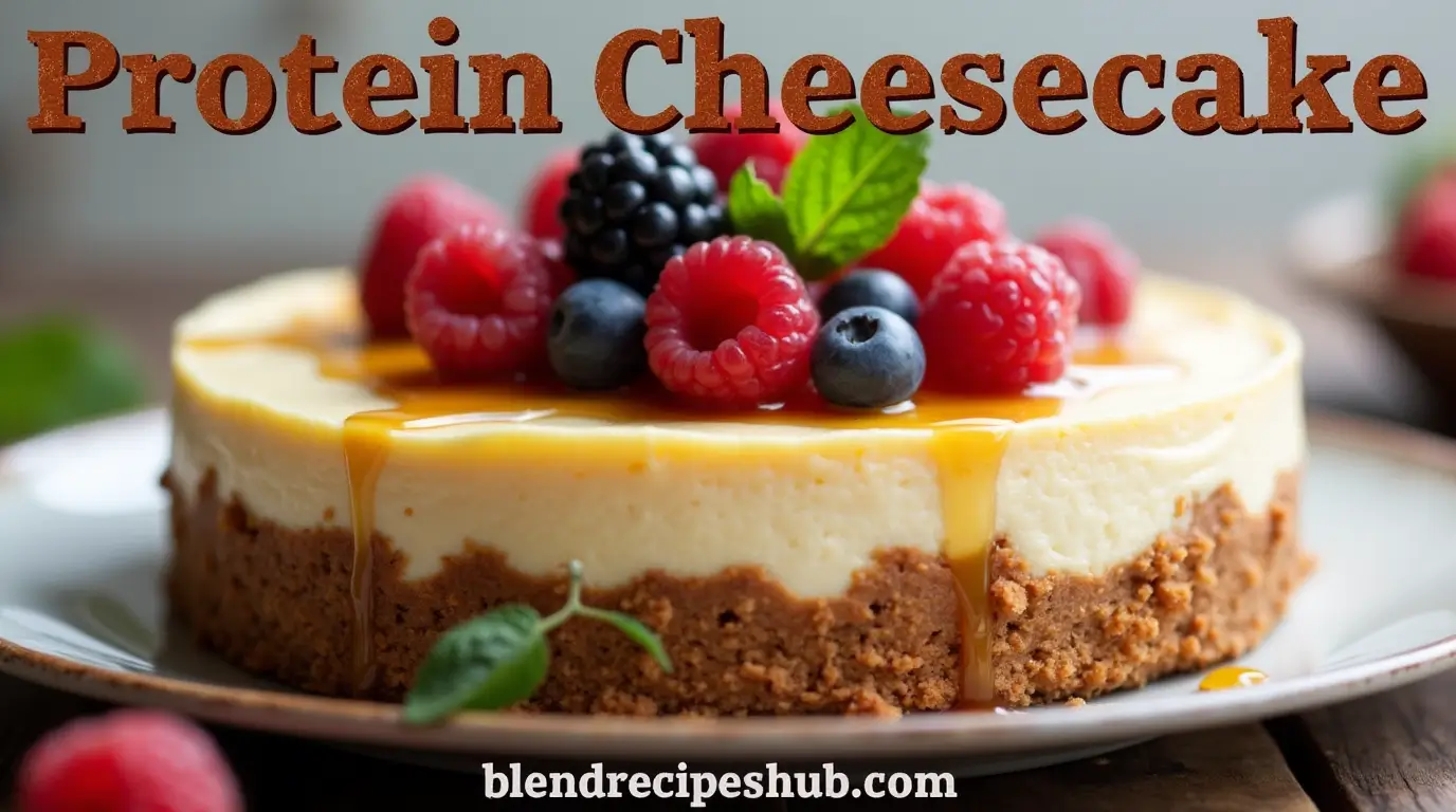 Protein cheesecake topped with fresh berries and drizzled with honey on a wooden table