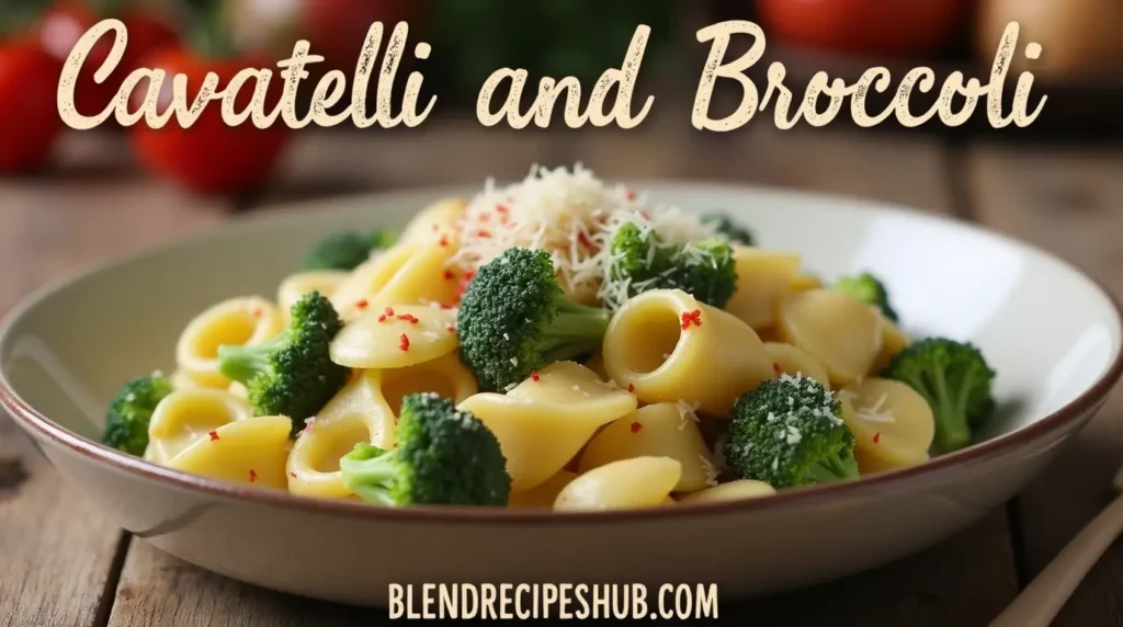 A bowl of cavatelli pasta with broccoli, Parmesan, and olive oil on a rustic wooden table