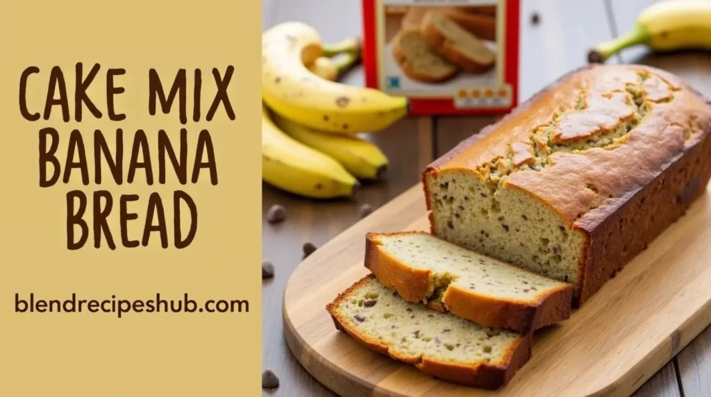 A loaf of cake mix banana bread with slices showing its soft, moist texture, surrounded by bananas and cake mix on a wooden cutting board