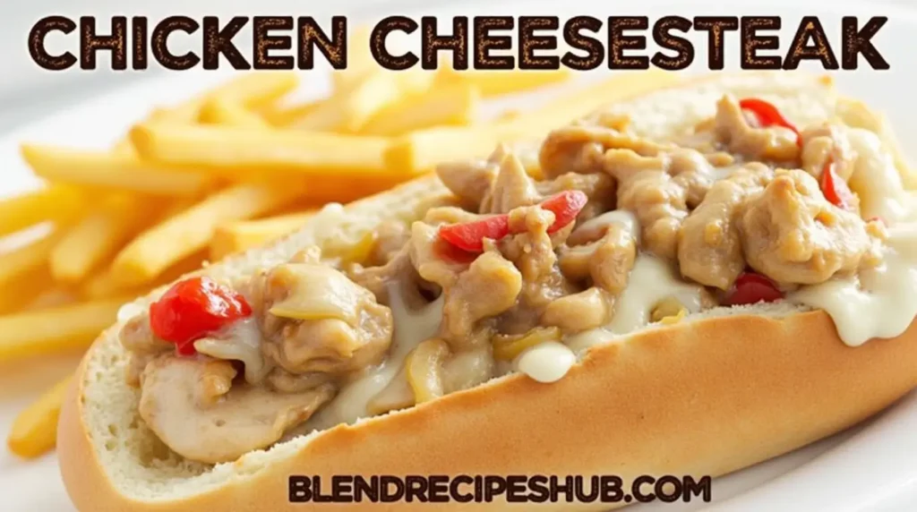 Delicious Chicken Cheesesteak Recipe with melted cheese, sautéed vegetables, and grilled chicken on a hoagie roll.