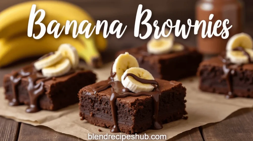 Freshly baked banana brownies with chocolate drizzle and banana slices, served on a wooden table with bananas and cocoa powder in the background.