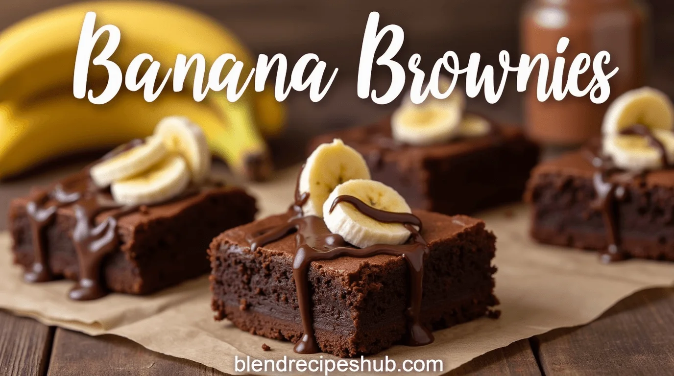 Freshly baked banana brownies with chocolate drizzle and banana slices, served on a wooden table with bananas and cocoa powder in the background.