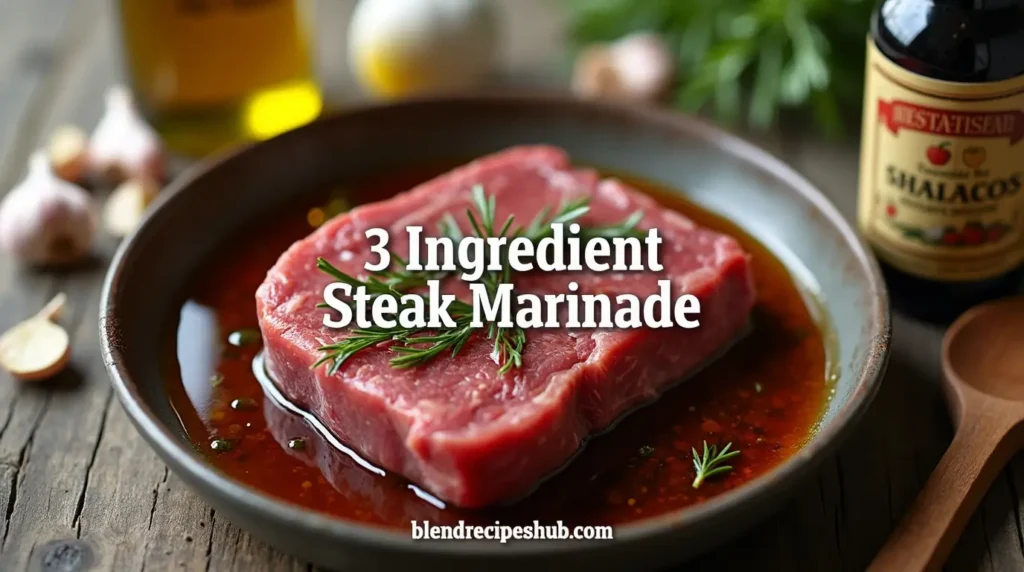 Raw steak marinating in a bowl of soy sauce, olive oil, and Worcestershire sauce with scattered garlic and olive oil around, showcasing a 3 ingredient steak marinade.