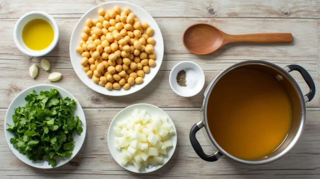 Peruvian Beans Recipe: 3 Quick and Easy Steps To Perfection 2 Flat lay of ingredients for a Peruvian beans recipe, including dried beans, onions, garlic, olive oil, cilantro, and vegetable broth