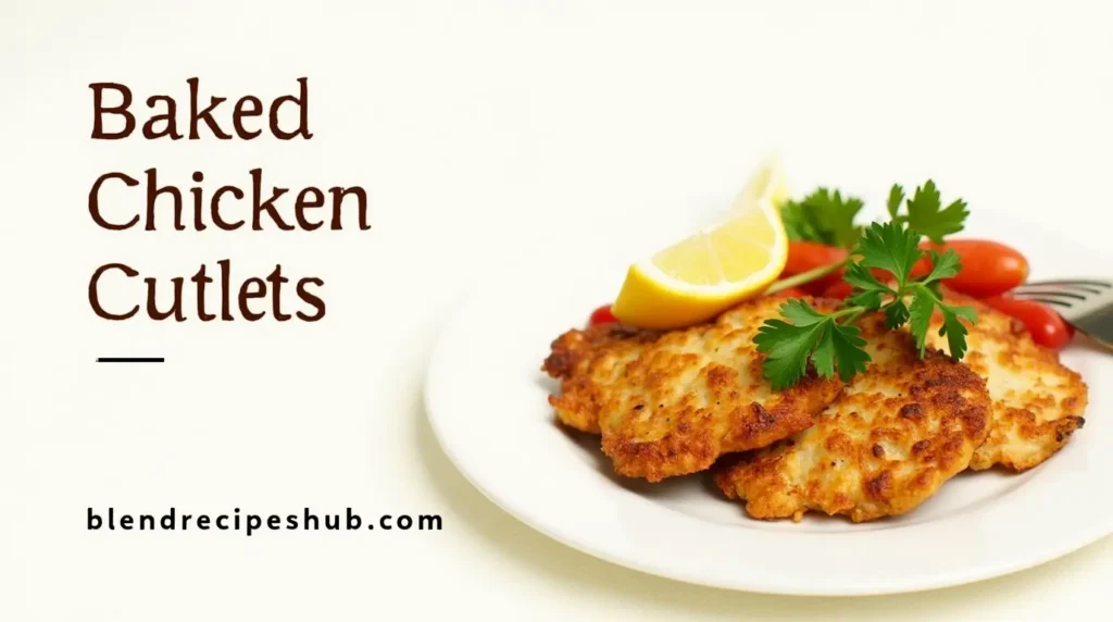 Crispy baked chicken cutlets served on a white plate with parsley garnish and lemon wedge.