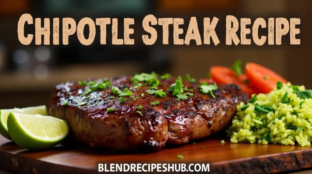 Grilled steak with chipotle marinade served on a wooden board with lime wedges, cilantro, rice, and roasted vegetables