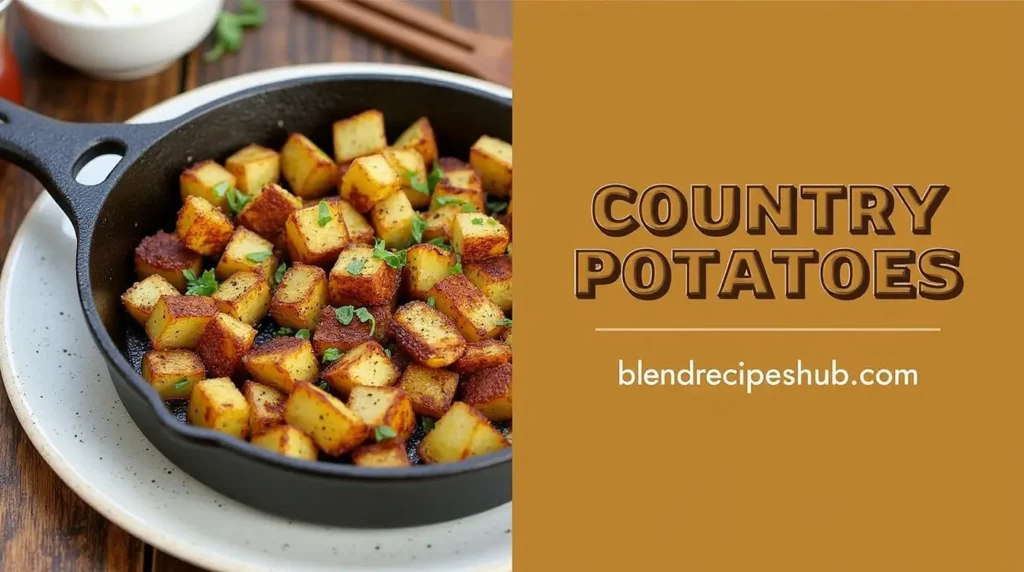 Crispy country potatoes in a cast iron skillet, seasoned with herbs and spices, served with dipping sauces on a rustic wooden table.