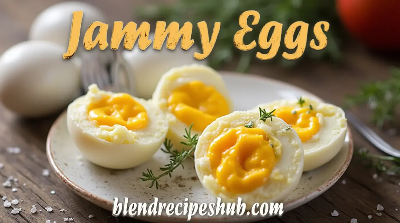 Jammy Eggs Recipe: The Best Ones in Just 15 Minutes At Home 1 Perfectly cooked jammy eggs sliced in half, showcasing creamy yolks, garnished with sea salt and herbs on a wooden table.