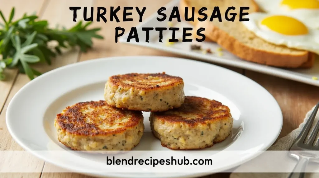 Golden brown turkey sausage patties served with eggs and toast on a rustic wooden table.