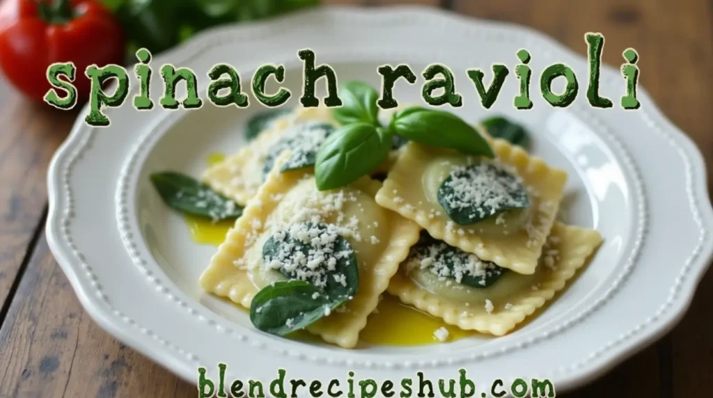 Fresh spinach ravioli on a plate, topped with Parmesan and basil, served with olive oil.
