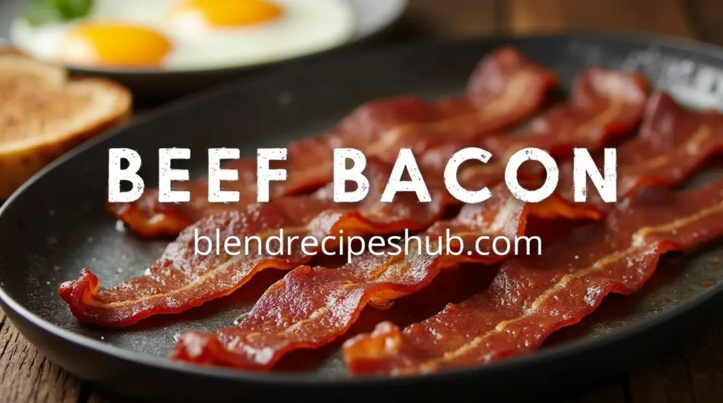 Beef Bacon: Simple Steps to Prepare It with 5 Delicious Recipes Included 4 Close-up of crispy beef bacon strips served on a wooden table with eggs and toast.