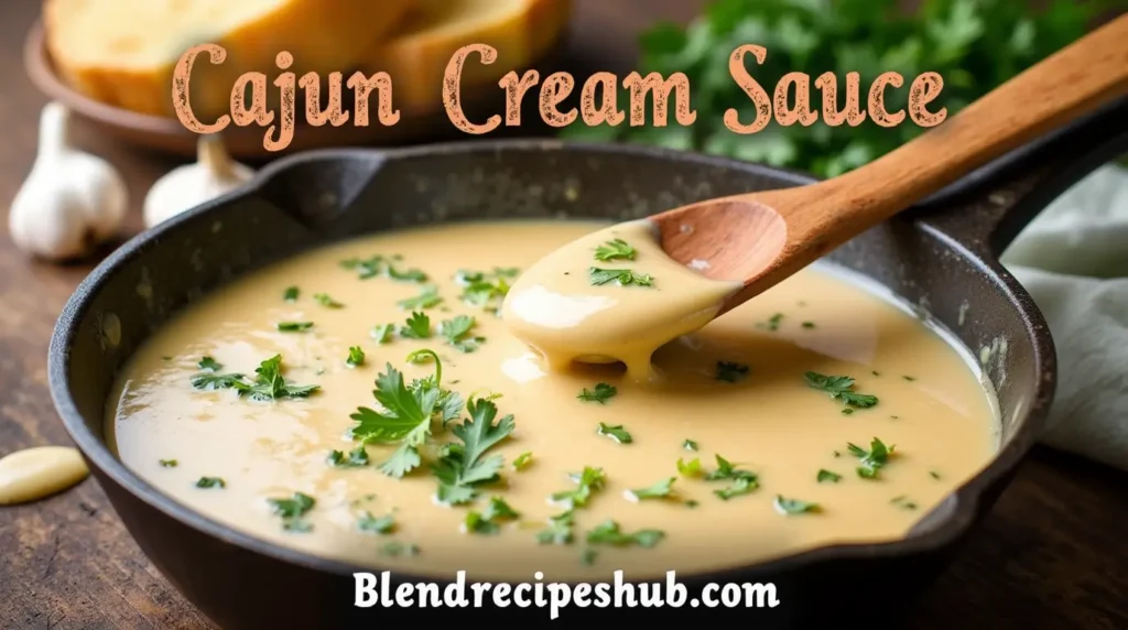 A skillet of creamy Cajun cream sauce garnished with parsley, surrounded by ingredients like garlic, Cajun spices, and Parmesan cheese on a wooden table.