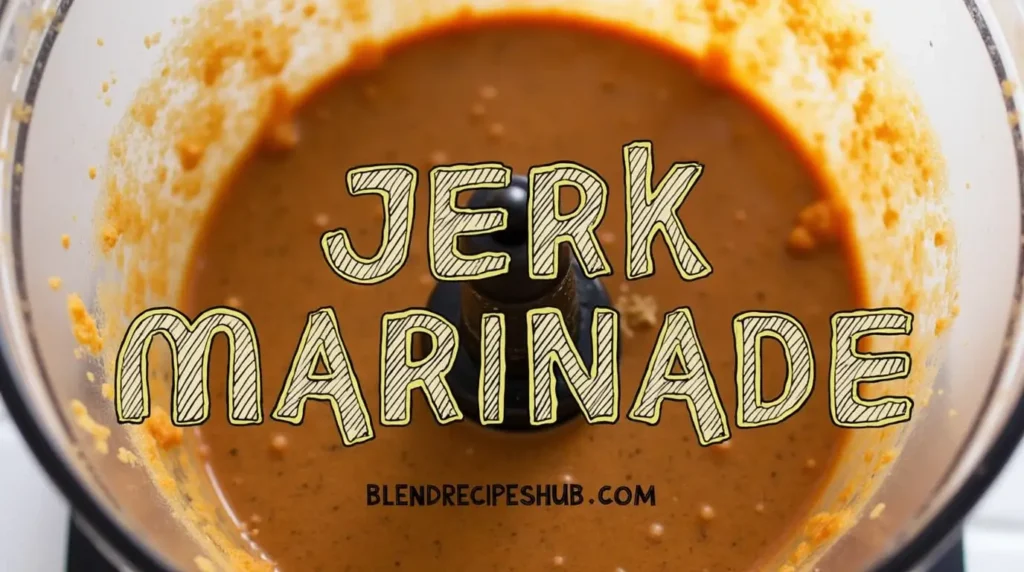 Bowl of freshly made jerk marinade with colorful ingredients like Scotch bonnet peppers, allspice, and thyme.