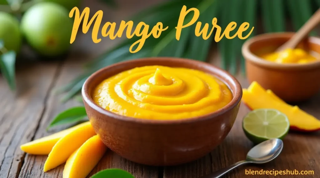 A bowl of golden mango puree on a rustic wooden table, surrounded by fresh mango slices, a jar of lime juice, and tropical decorations