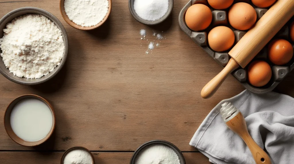 Easy Kaiser Roll Recipe: Step-by-Step Guide to Baking This Classic Bread 2 Flat-lay image of ingredients and tools for Kaiser rolls, including flour, yeast, eggs, sugar, and a rolling pin, arranged on a rustic wooden surface with warm natural lighting
