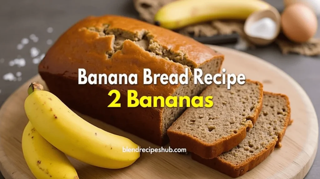 Freshly baked banana bread sliced on a wooden cutting board with two ripe bananas and baking ingredients scattered around. The image has the title 'Banana Bread Recipe 2 Bananas' at the top and 'blendrecipeshub.com' at the bottom