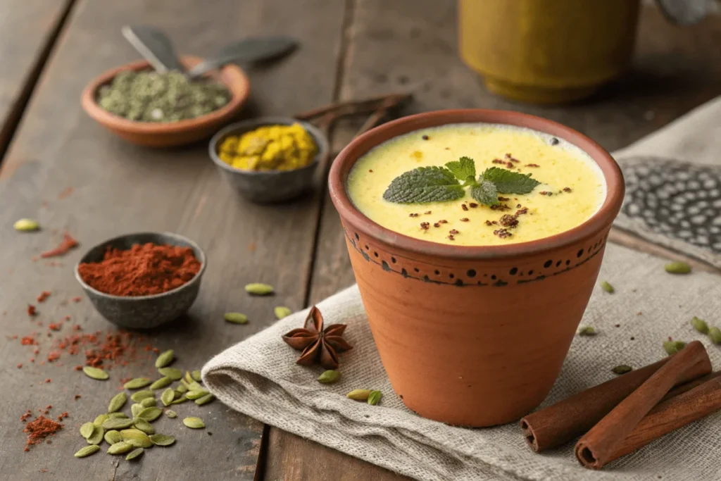 Glass of creamy Indian Lassi served in a traditional clay cup, garnished with cardamom and mint, on a rustic wooden table