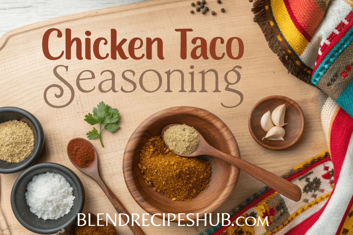 Homemade chicken taco seasoning in a wooden bowl surrounded by spices like chili powder, cumin, and paprika, with text overlay reading 'Chicken Taco Seasoning