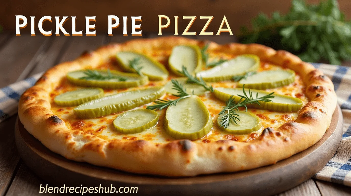 How to Make Pickle Pie Pizza: A Delicious & Unique Recipe 1 A close-up of pickle pie pizza topped with dill pickles, melted cheese, and fresh herbs, placed on a rustic wooden table