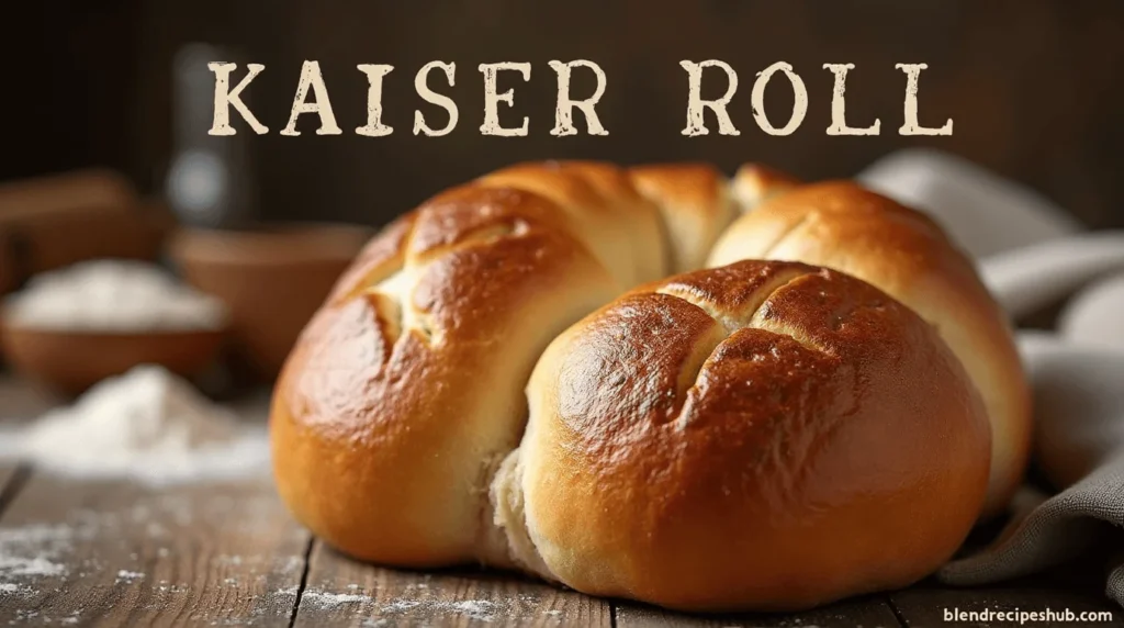 Close-up of a freshly baked Kaiser roll with a golden-brown crust and a star-shaped design on top, placed on a rustic wooden table with a blurred kitchen background.