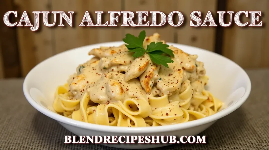Delicious Cajun Alfredo Sauce served with fettuccine pasta and grilled chicken, garnished with parsley and Cajun seasoning.