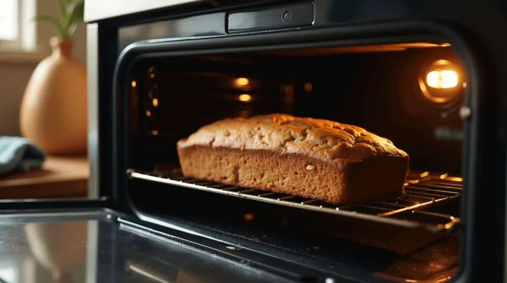 Quick Banana Bread Recipe 2 Bananas for Easy Breakfast 3 A loaf of banana bread baking in the oven, with a golden-brown crust