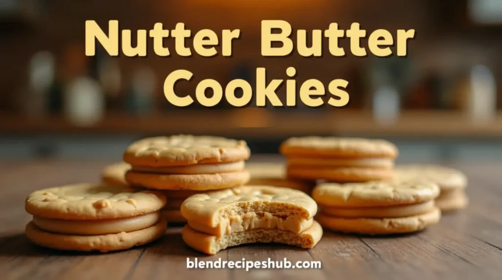Close-up of Nutter Butter cookies with peanut-shaped design and creamy peanut butter filling on a wooden table.