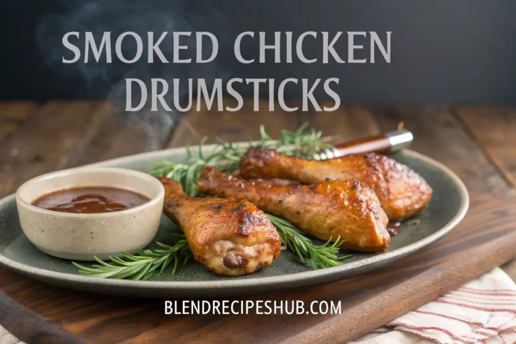 A plate of smoked chicken drumsticks garnished with fresh parsley, accompanied by a bowl of barbecue sauce on a rustic wooden table