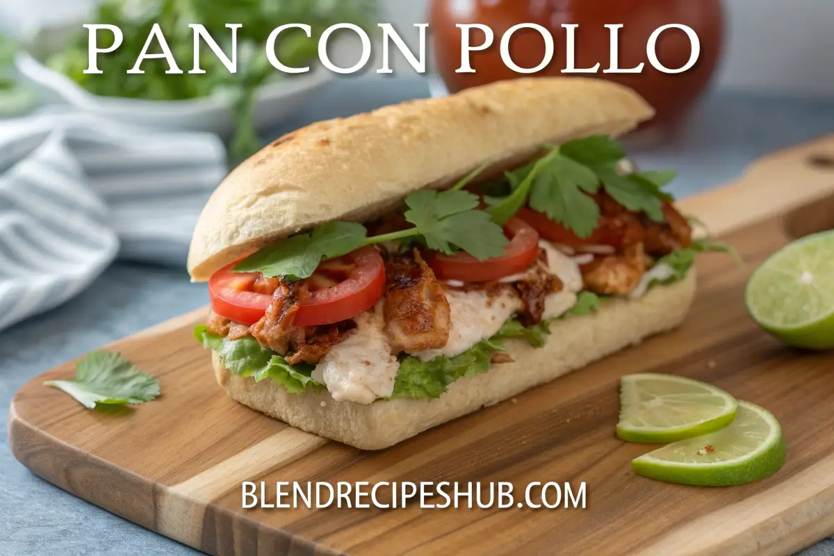 Pan Con Pollo sandwich with shredded chicken, fresh vegetables, and sauce on a rustic kitchen background