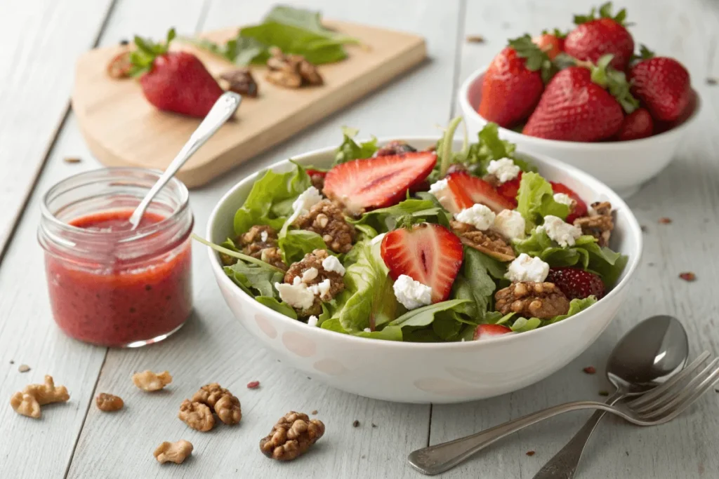 How to Make an Amazing Strawberry Puree for Perfect Recipes 5 A fresh salad with greens, strawberries, feta, and walnuts topped with strawberry salad dressing, accompanied by a jar of dressing