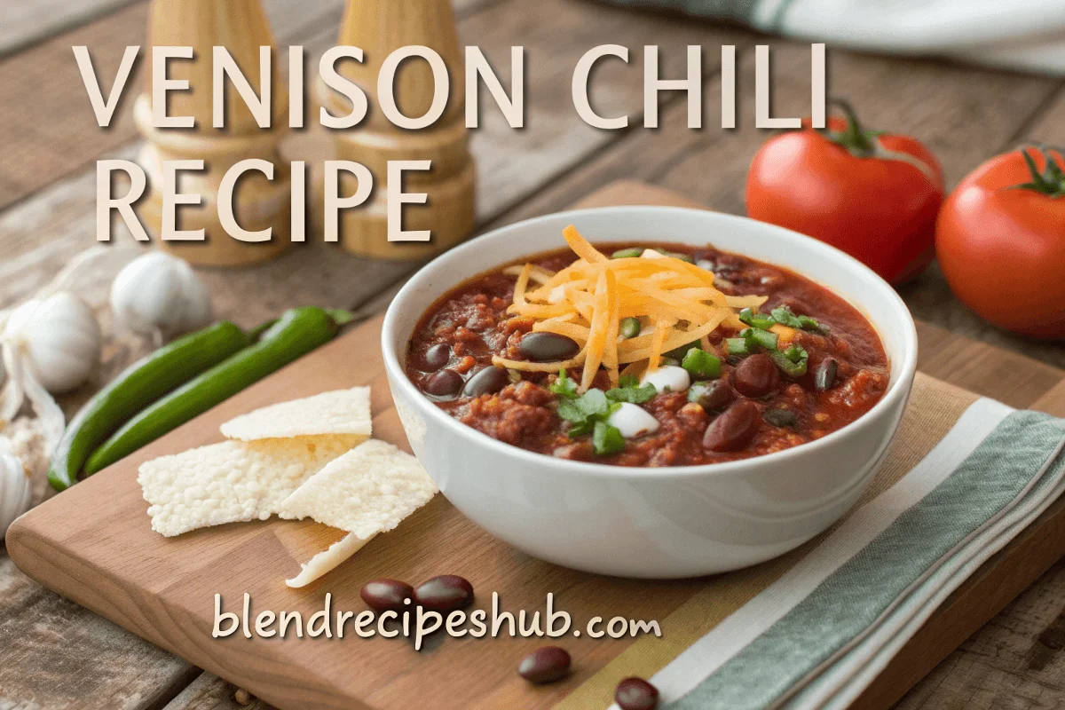 A rustic bowl of venison chili topped with cheddar cheese, sour cream, and green onions, surrounded by fresh ingredients like tomatoes, chili powder, and garlic, with the title 'Venison Chili Recipe' on top and 'blendrecipeshub.com' at the bottom