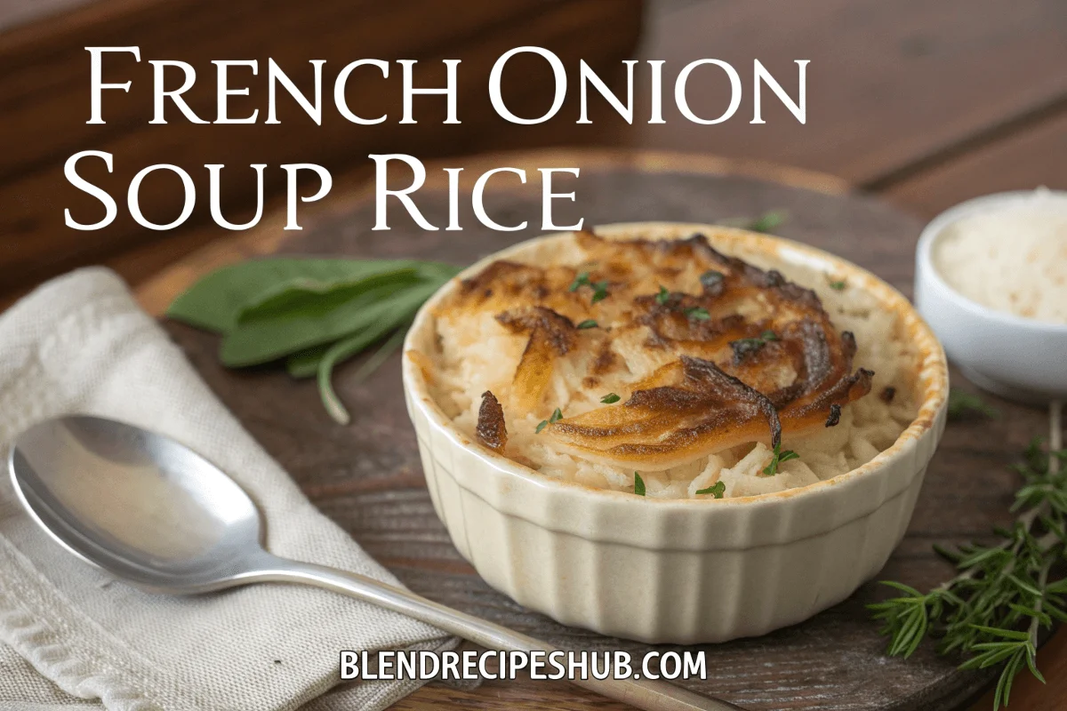 Why French Onion Soup Rice Recipe Is Perfect For Dinner Tonight 1 A bowl of French Onion Soup Rice topped with golden melted cheese and garnished with fresh thyme, placed on a rustic wooden table with a spoon and napkin.