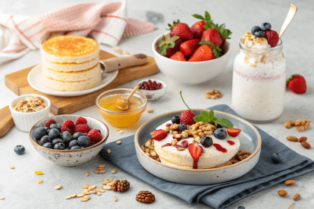 An enticing display of sweet cottage cheese recipes, including cheesecake, fruit parfaits, honey-drizzled pancakes, and a smoothie bowl