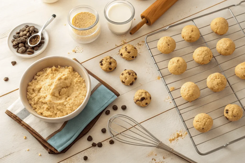 Crumbl Cookie Recipe: How to Make Delicious Cookies in Your Kitchen 3 A step-by-step visual of making Crumbl cookie recipe, including mixing ingredients, shaping dough, and baking, with the title "Step-by-Step Crumbl Cookie Recipe" and "blendrecipeshub.com" displayed.