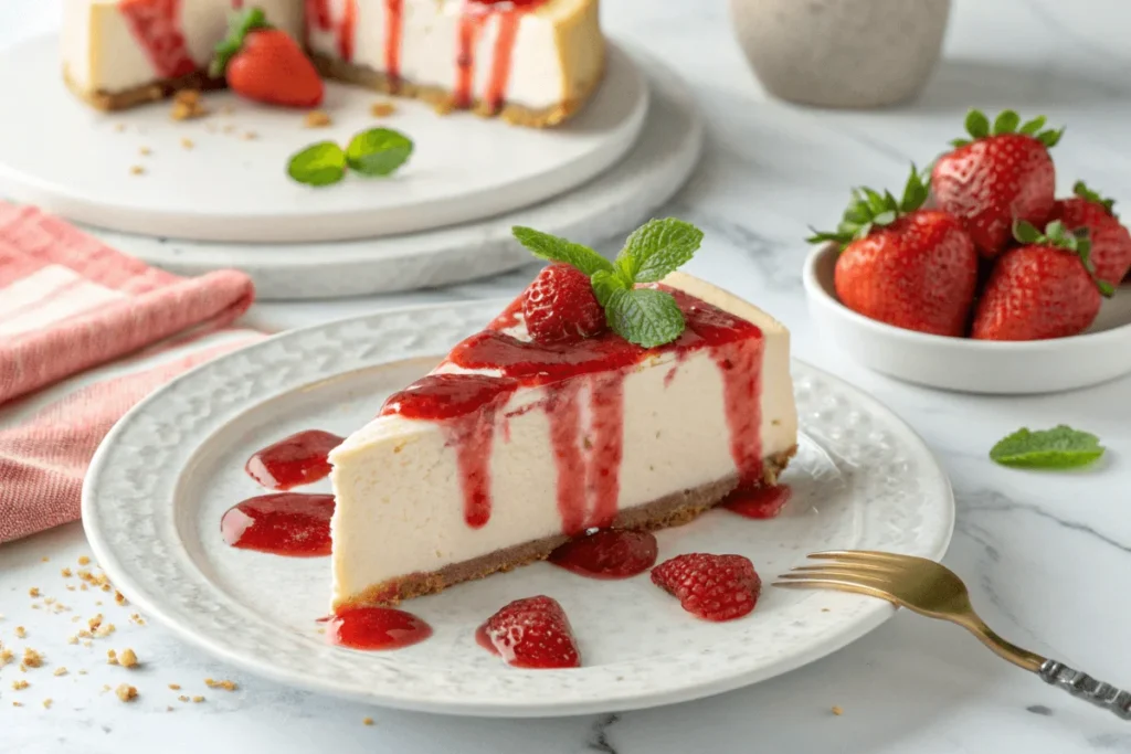 How to Make an Amazing Strawberry Puree for Perfect Recipes 4 A creamy cheesecake slice drizzled with strawberry puree and garnished with fresh strawberries and mint