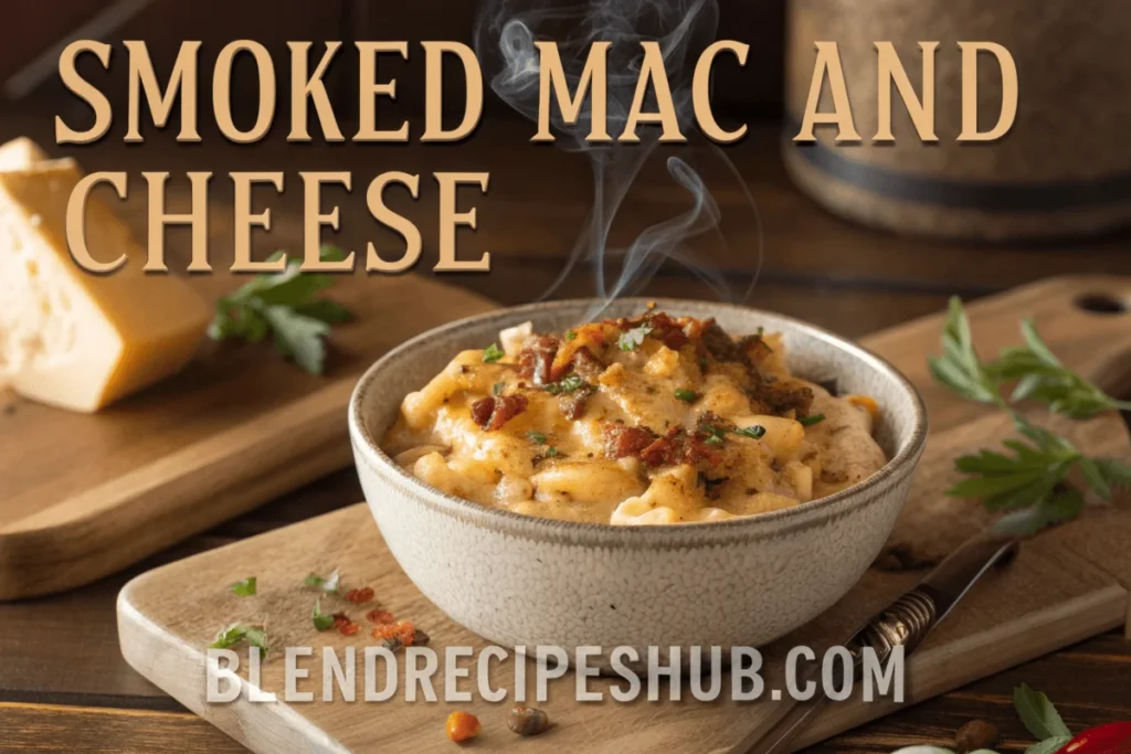 Delicious bowl of smoked mac and cheese with creamy cheese sauce, crispy topping, and hints of smoked flavor, presented with fresh herbs and rustic ingredients.