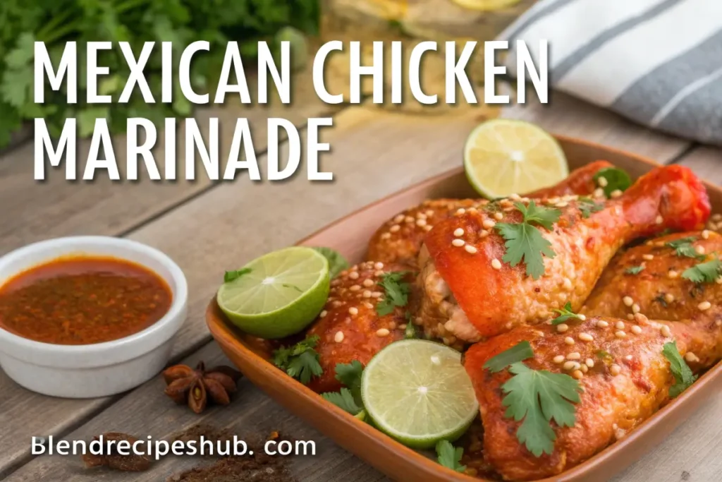 Raw chicken marinated in a vibrant Mexican-style marinade, garnished with cilantro and lime wedges, placed on a rustic wooden table