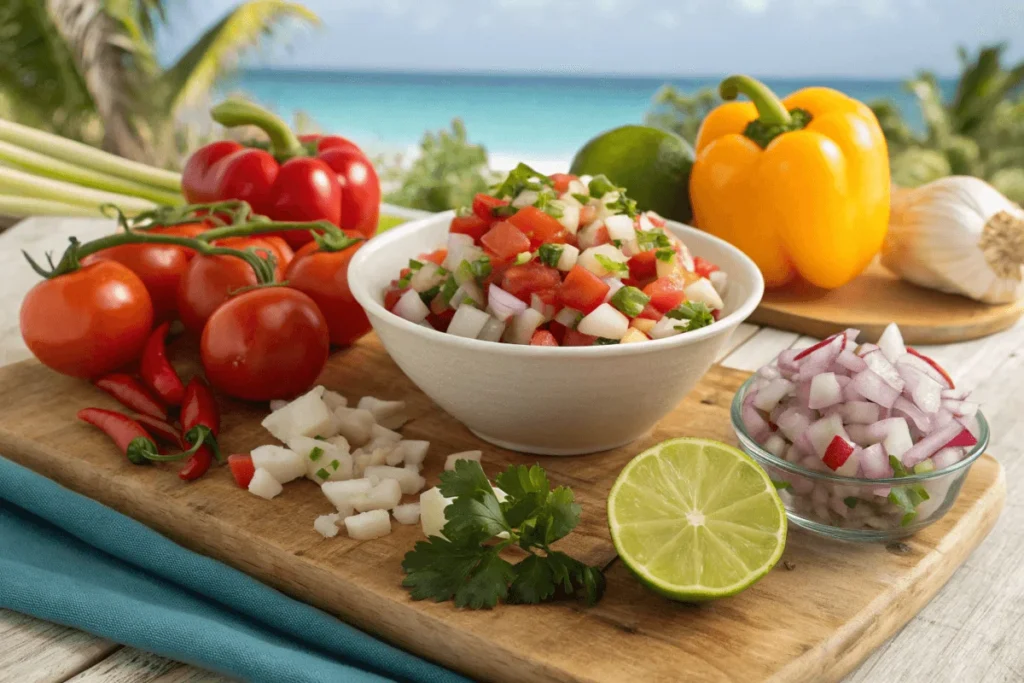 Fresh ingredients for conch salad including conch meat, tomatoes, bell peppers, onions, cilantro, and limes arranged on a cutting board