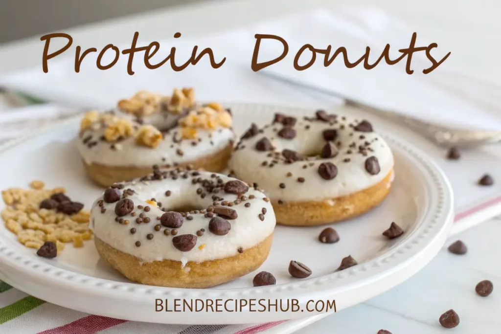 How to Make Delicious Protein Donuts: A Healthy and Easy Recipe 3 Plate of protein donuts topped with Greek yogurt, chocolate chips, and granola, with the text 'Protein Donuts' at the top and 'blendrecipeshub.com' at the bottom.