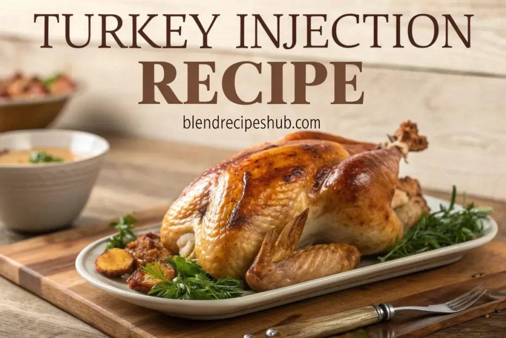 Alt text: A cook injecting a golden-brown turkey with a flavorful butter and garlic marinade, with the title "Turkey Injection Recipe" at the top and "blendrecipeshub.com" at the bottom.