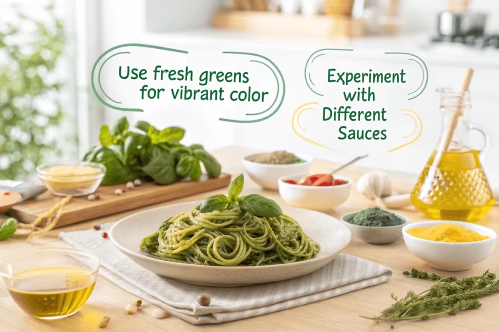 An informative image showcasing tips for making the perfect green spaghetti, featuring a plated dish surrounded by fresh ingredients and text bubbles with cooking tips.