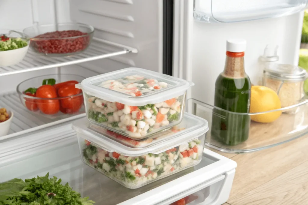 Properly stored conch salad in a glass container with a label in a refrigerator, showcasing best practices for food storage