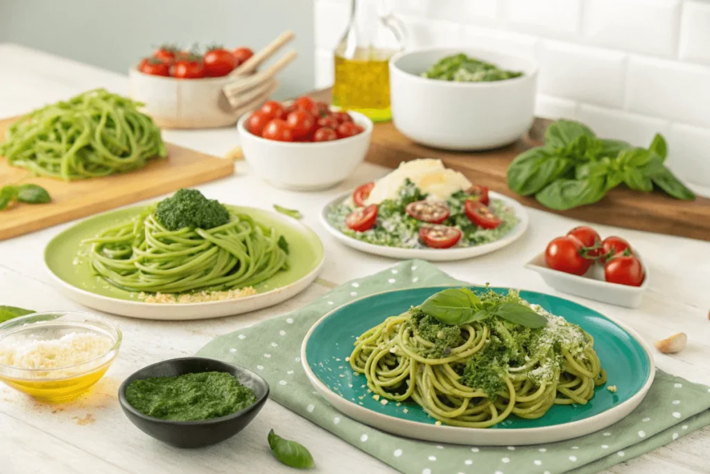 A variety of easy and delicious green spaghetti recipes displayed on colorful plates, garnished with fresh basil, cherry tomatoes, and cheese in a bright kitchen setting