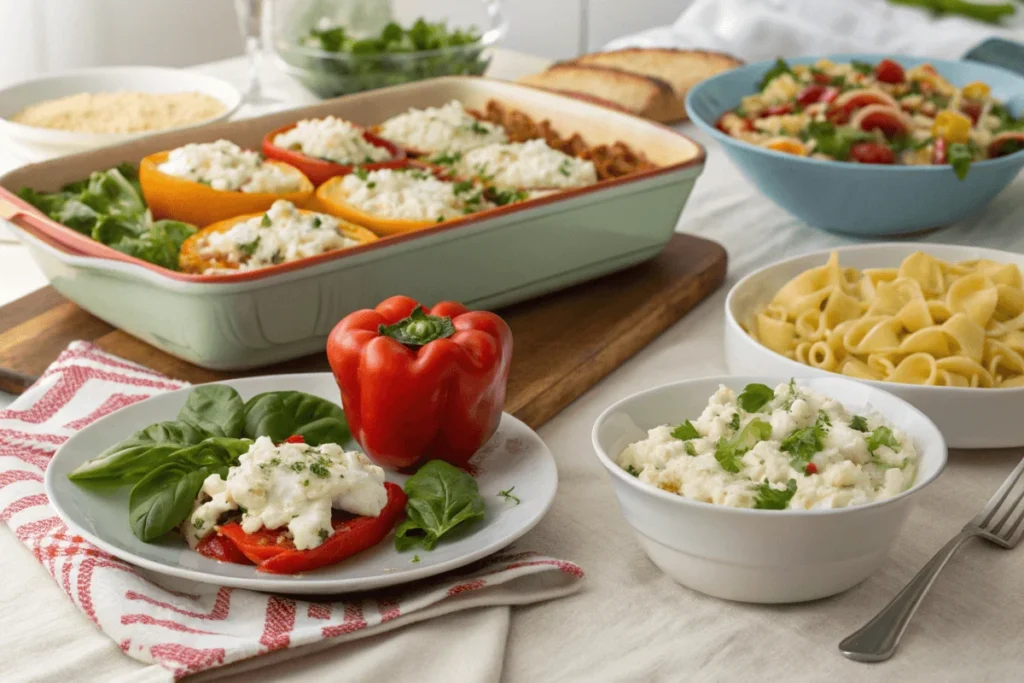 A beautifully arranged table featuring various lunch and dinner cottage cheese recipes, including a salad, stuffed peppers, casserole, and pasta