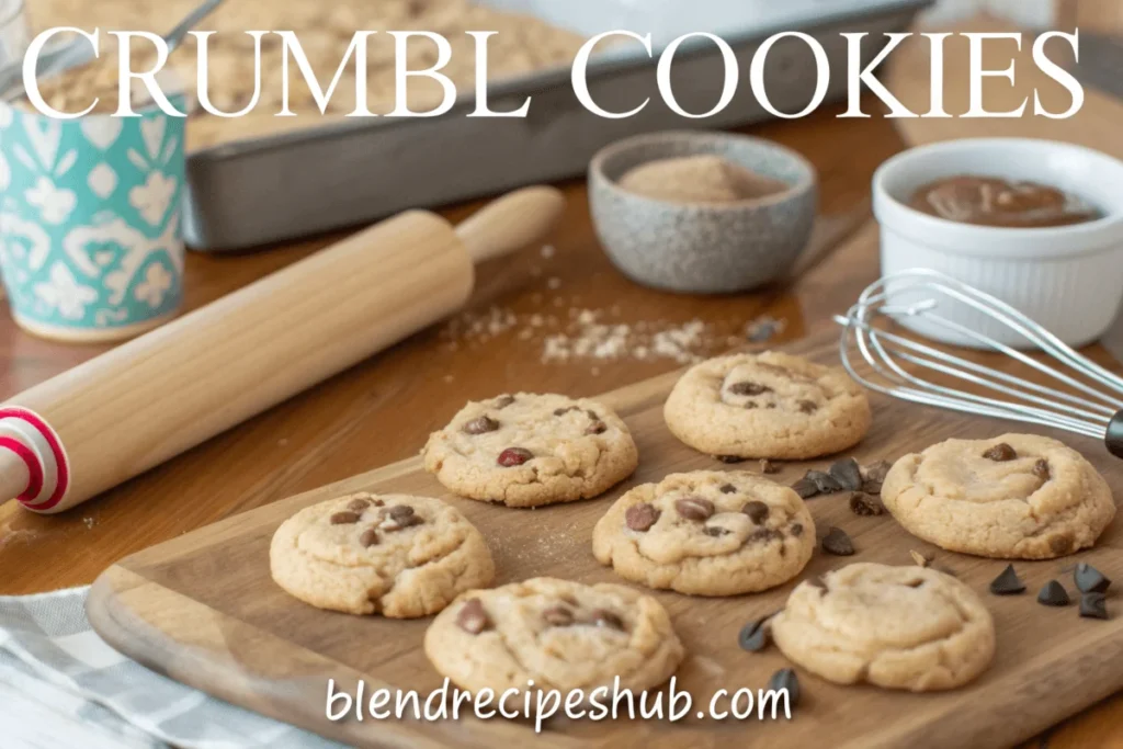 A selection of freshly baked Crumbl cookies in various flavors, displayed on a wooden counter with baking tools in the background, featuring the title "Crumbl Cookie" on top and "blendrecipeshub.com" at the bottom.