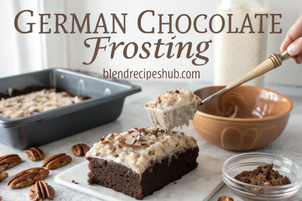 German chocolate frosting being spread over a slice of chocolate cake, topped with rich coconut and pecans, with text 'German Chocolate Frosting' at the top and 'blendrecipeshub.com' at the bottom